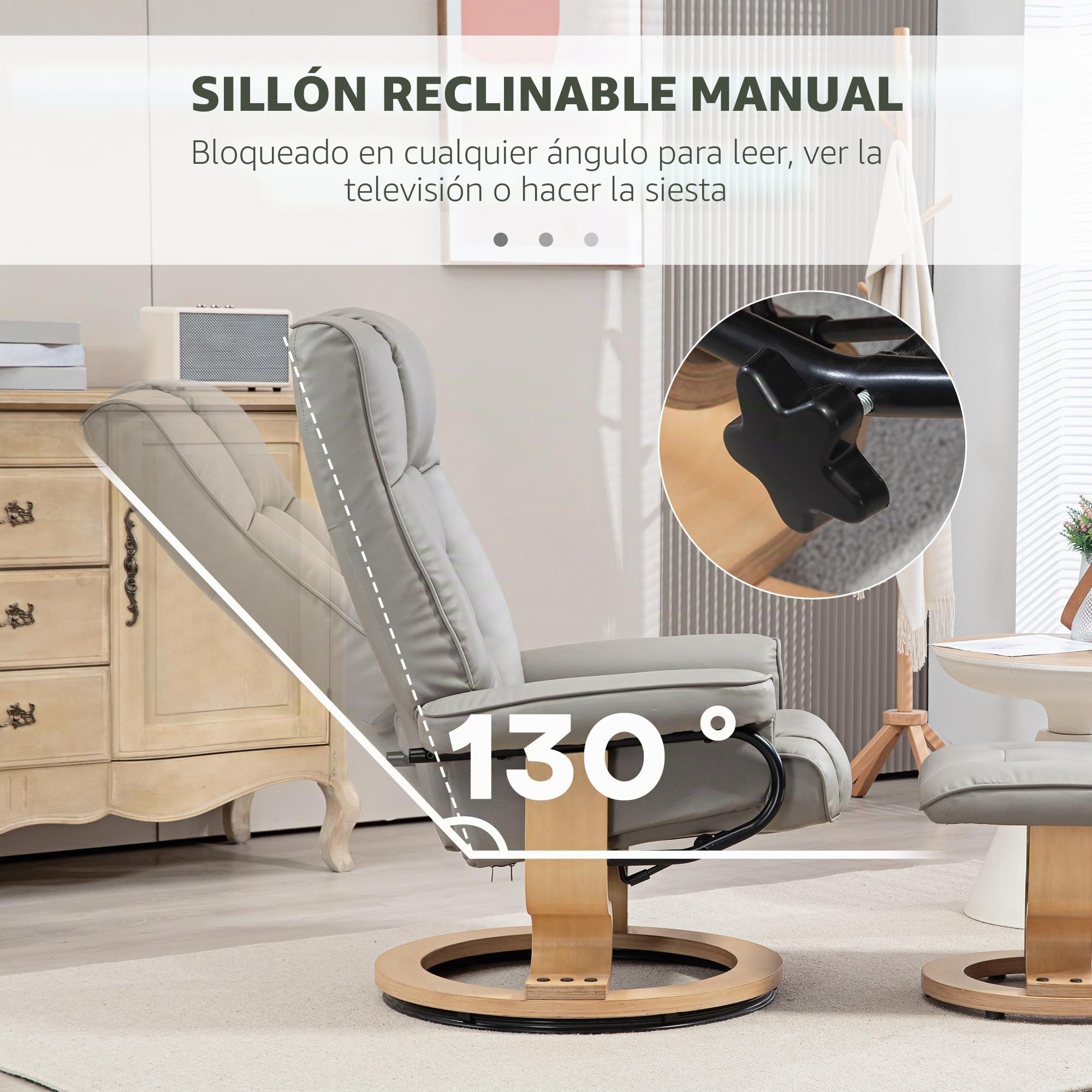 HOMCOM Sillón reclinable con otomana 360° Giratorio, Gris | Respaldo alto, estructura de madera, sillón de TV, reclinable, cuero sintético, para salón