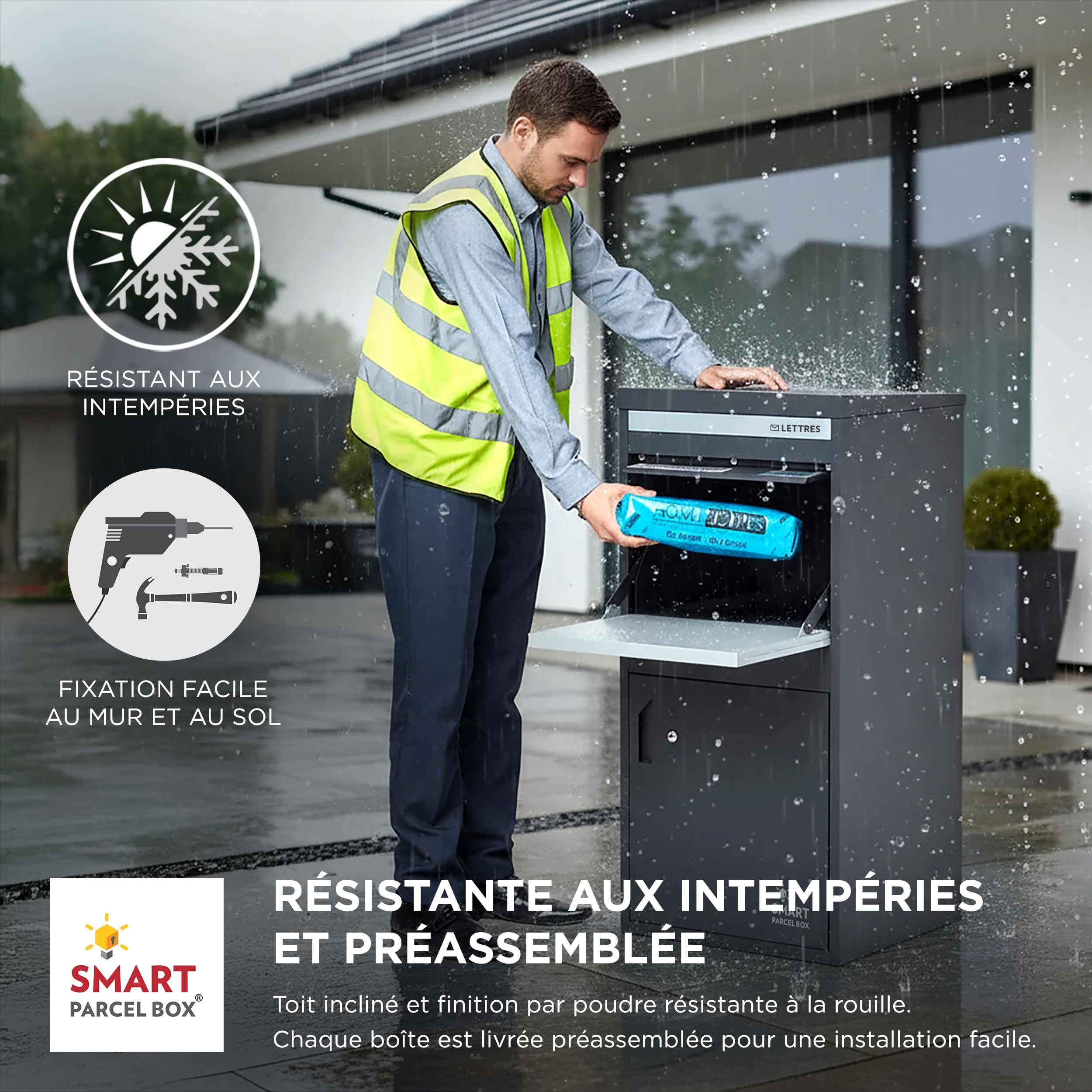 SMART PARCEL BOX Boite aux Lettres 2 Portes, Boite à Colis Extérieur sur Pied, Acier galvanisé, Extra Large, Serrure 3 clés, Gris foncé, 48.5 x 45.5 x 102.5 cm
