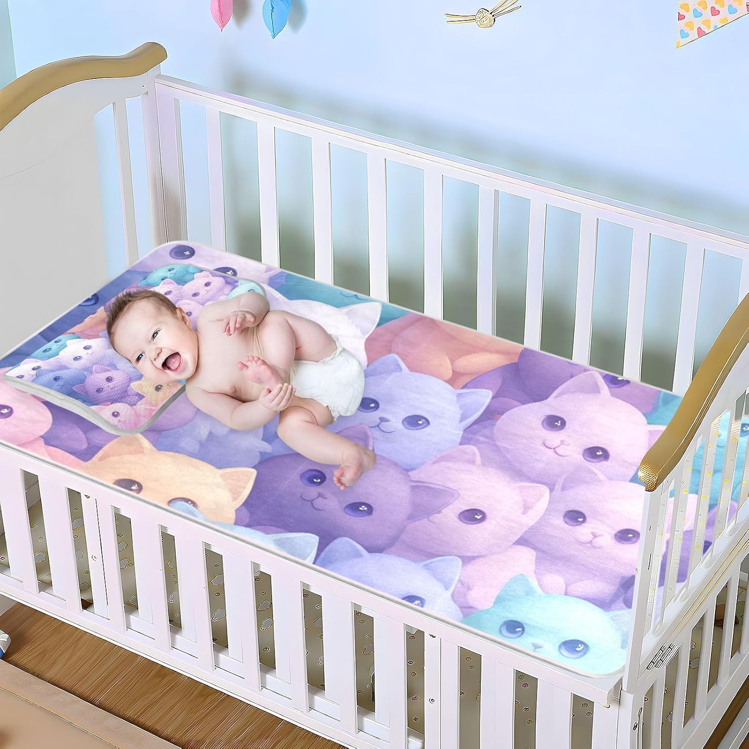 Colorful Cartoon Cat Cooling Baby Mattress Protector Pads 28" x 52" Breathable Pee Pads for Baby&Toddler