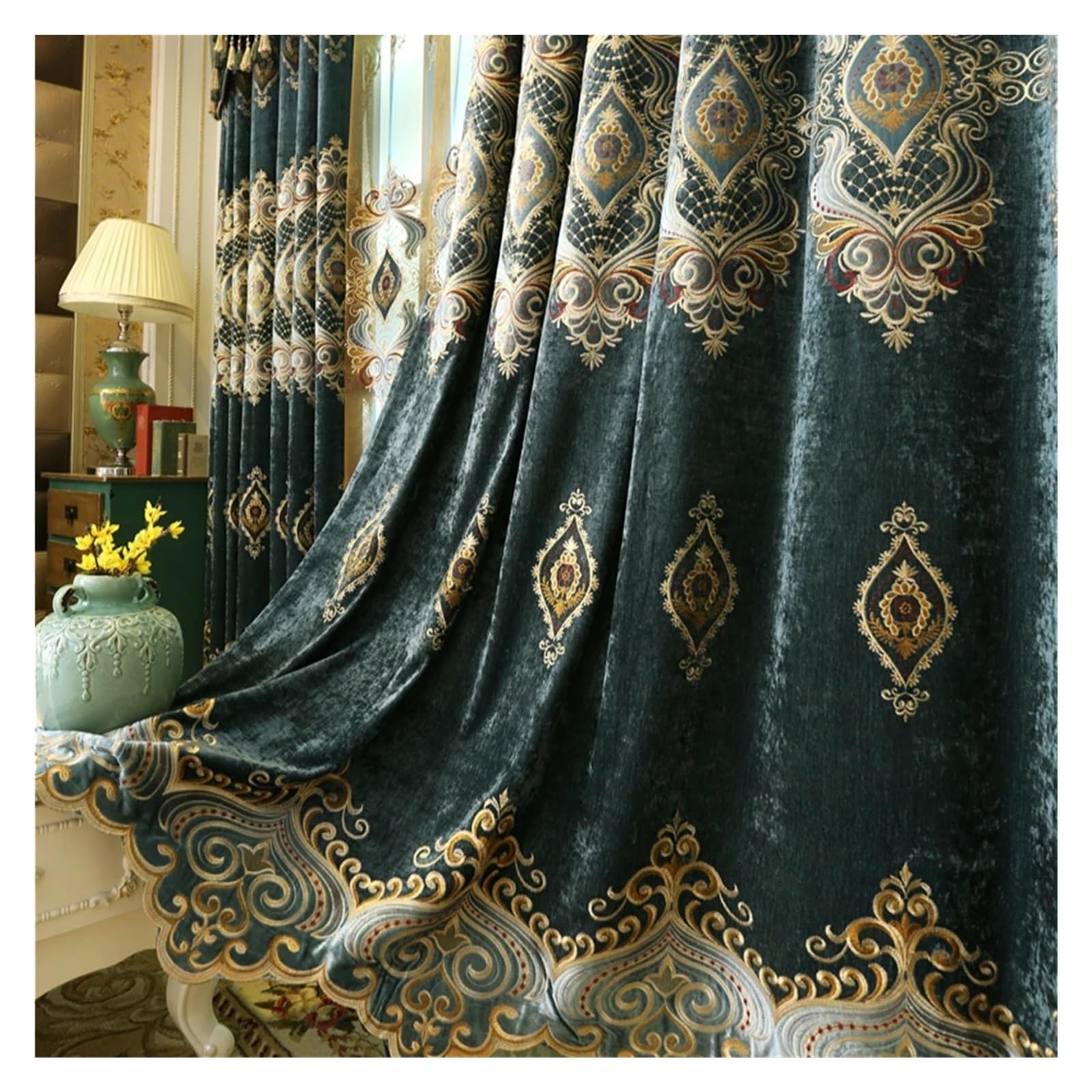 Rideaux pour salon tamisants bleu-vert pour grandes fenêtres