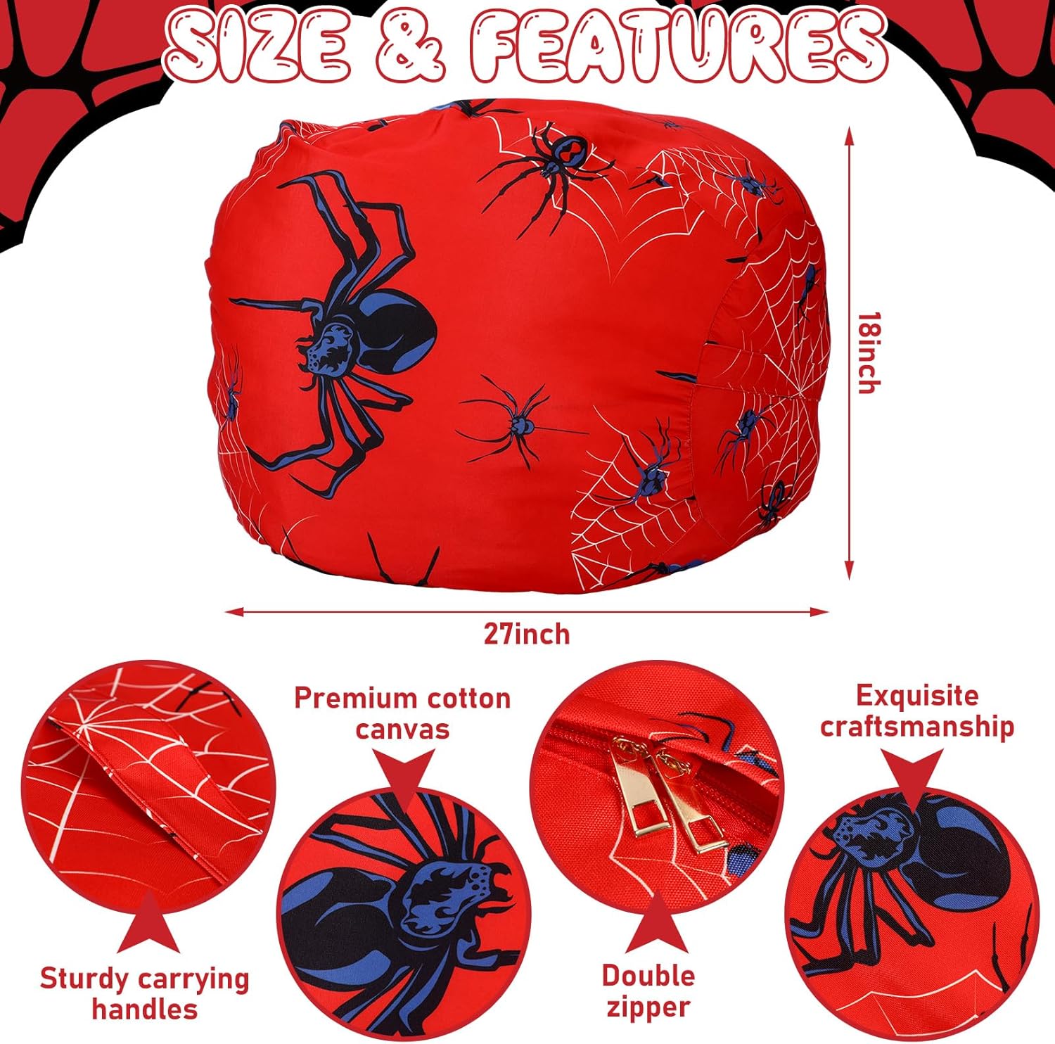 Boao Stuffed Animal Storage Bean Bag Chair Cover (No Filler) Washable Canvas Beanbag Chair Bean Bag Cover with Zipper for Organizing Plush Toy or Textile Sack Beanbag(1 Pc,Spider,27 Inches)