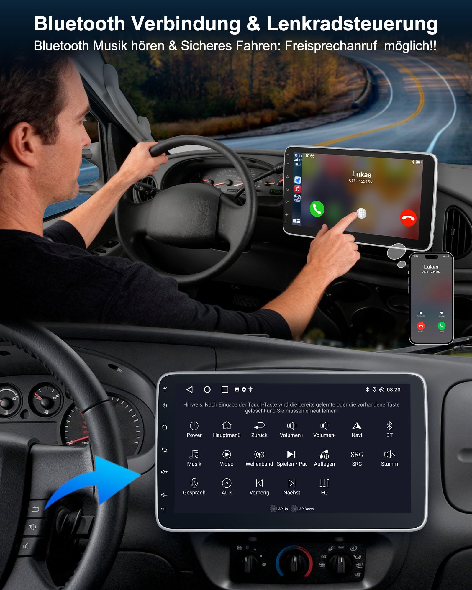 Autoradio mit Bildschirm Single DIN Auto Radio mit Navi Bluetooth Wireless CarPlay Android Auto DAB Plus Rückfahrkamera, 1DIN mit 10.1 Zoll drehbar Touchscreen Monitor, 2+64G Android 14