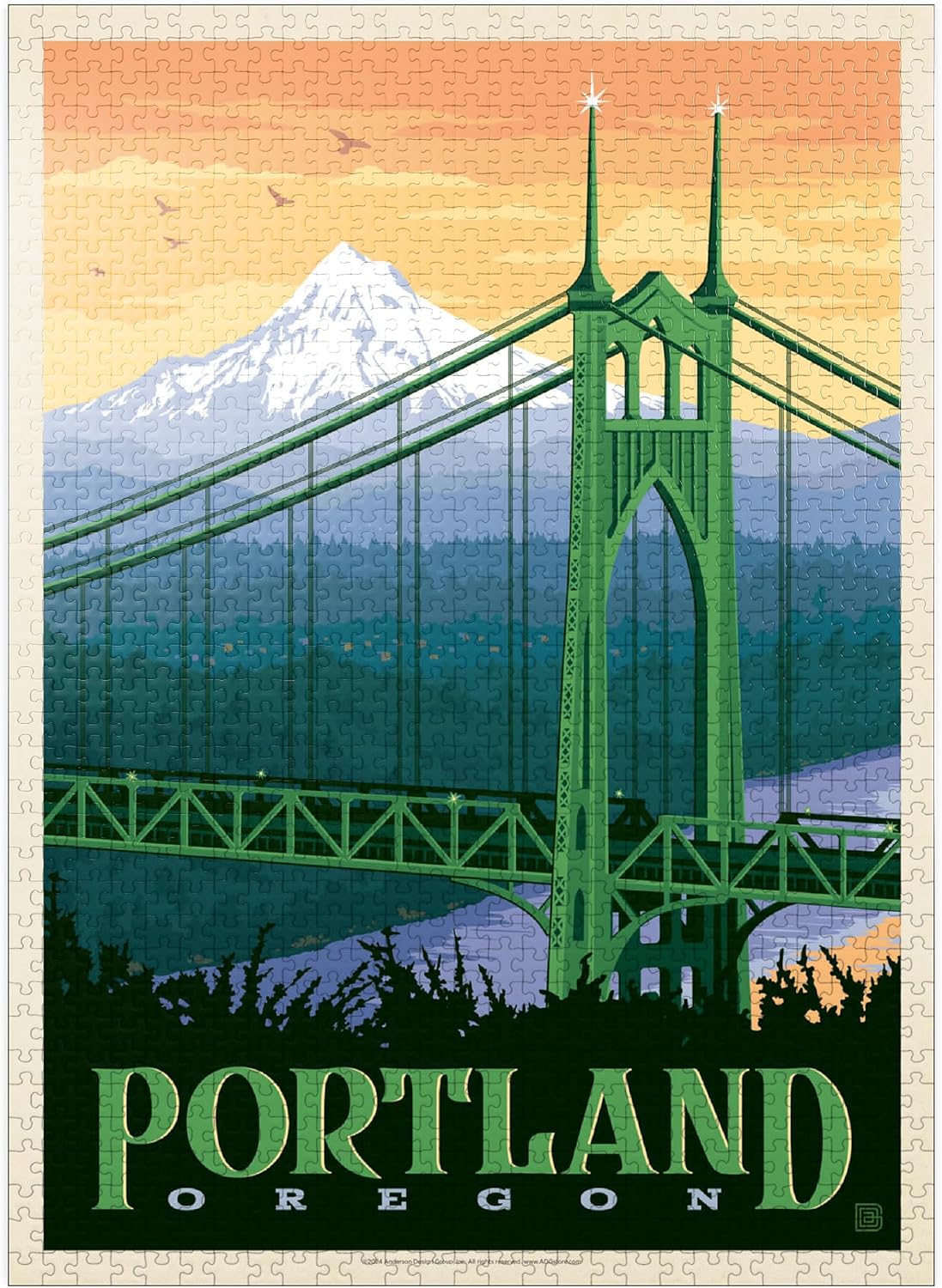 MyPuzzle Portland, Oregon: St. Johns Bridge, Vintage Poster - Premium 1000 Piece Jigsaw Puzzle for Adults