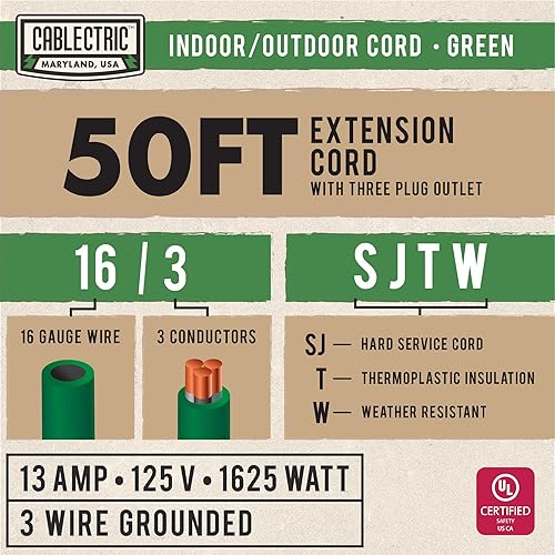 Miniatura 24 de SJTW - Cable de extensión para exteriores de 3 tomas, 100 pies, cable de extensión verde resistente de 16 AWG con múltiples tomas de corriente