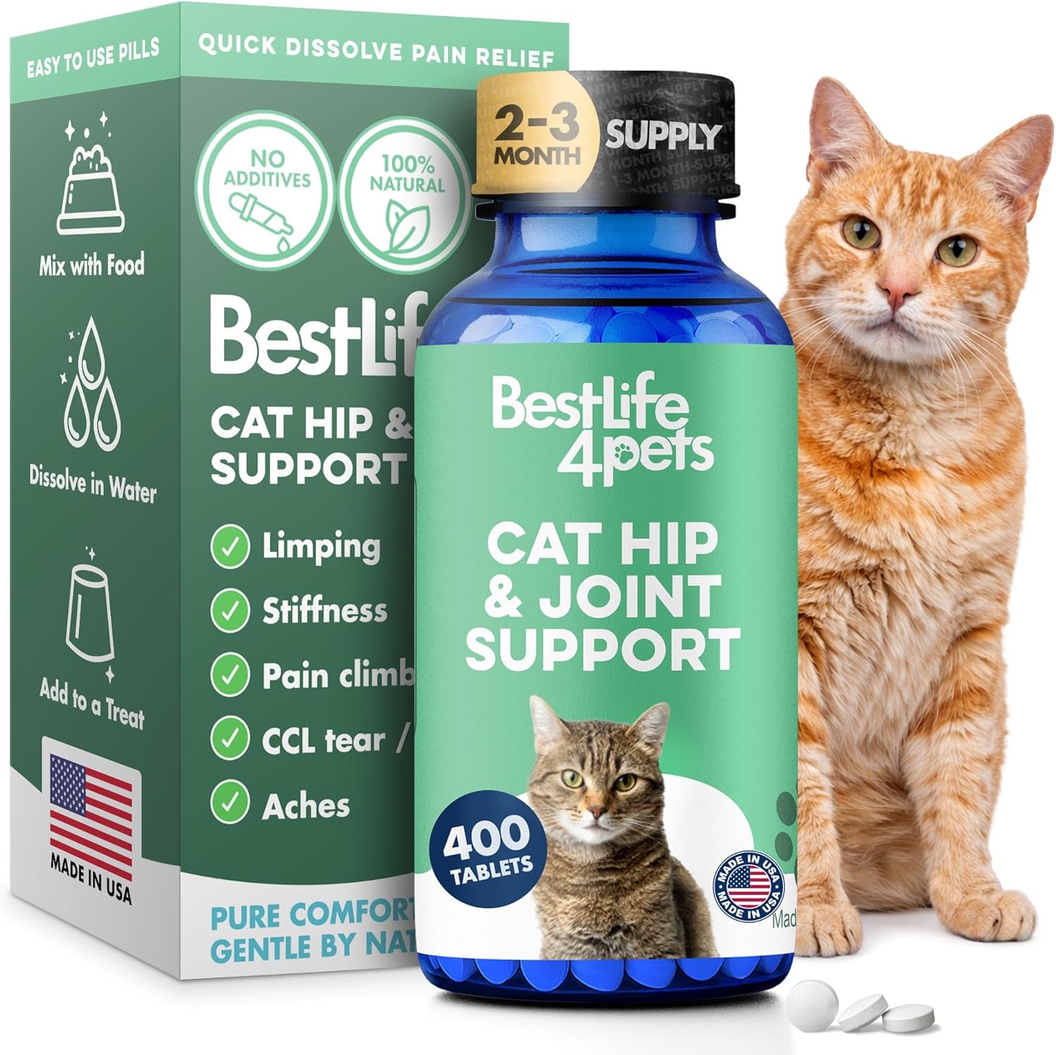 Cat Joint Supplement and Mobility Support - Natural Plant-Based Formula Provides Comfort for Aging and Felines with Mobility Challenges, 400 Tiny Tasteless Pills Easy to Give Even Feral or Picky Cats