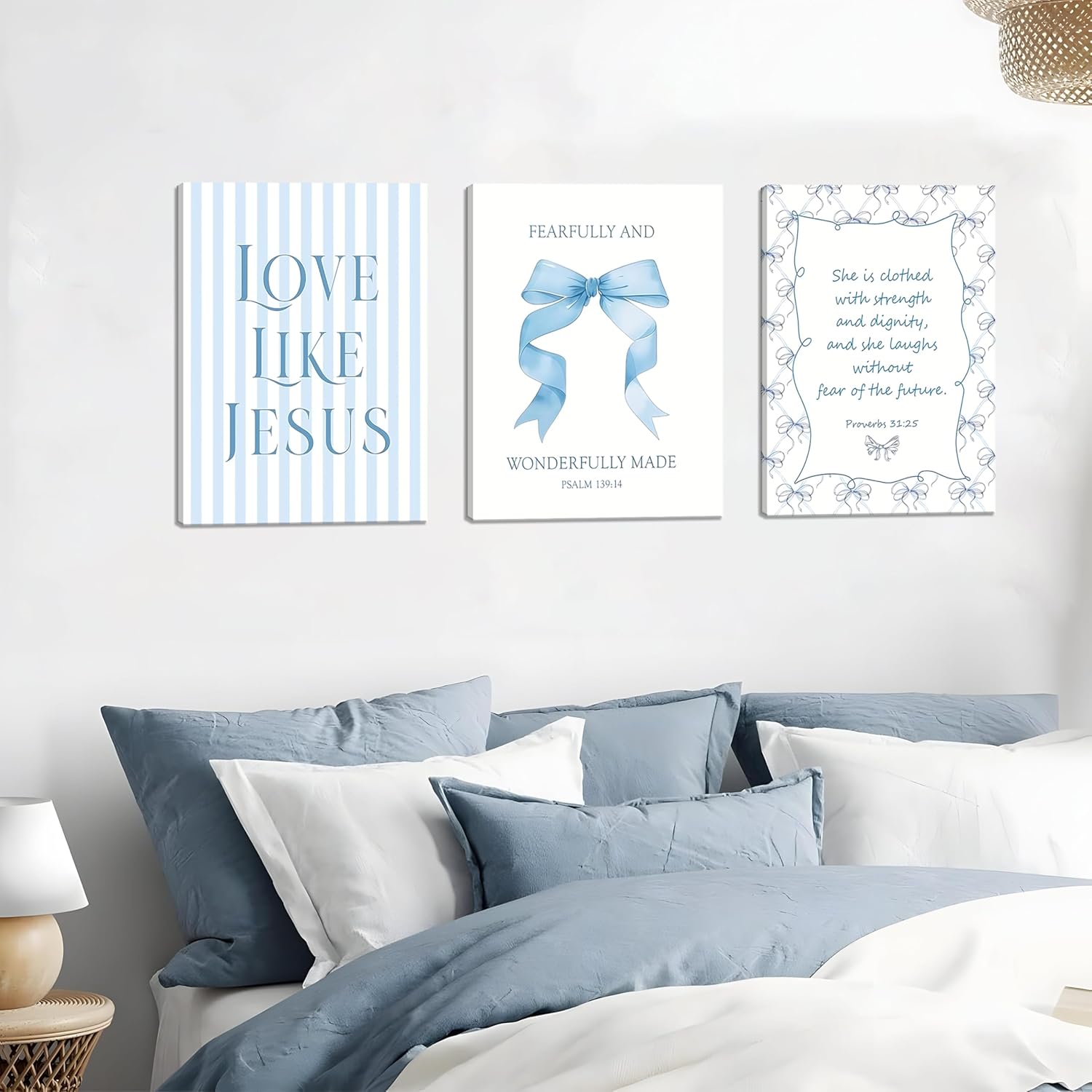 Blue Bow Jesus Wall Art Decor, Light Blue Coquette Dorm Room Wall Decor Paintings, Inspirational Bible Verses Canvas Posters Prints Pictures for Girls Dorm Room, Bedroom, Bathroom 12x16 Inch Framed - Image 7