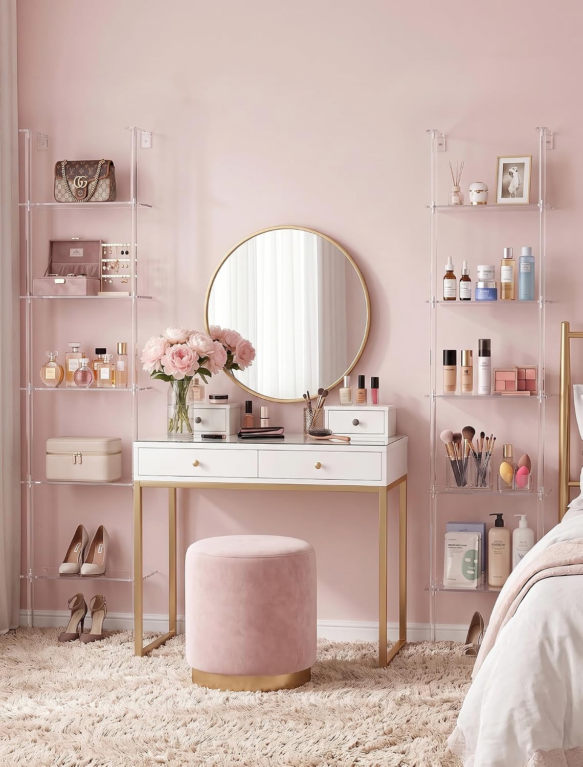 5 Tier Clear Acrylic Ladder Shelf for Wall Storage and Organizer | 64 Inch Tall, Wall Mounted, Narrow Display Shelves, for Vanity, Bedroom, for Perfumes, Trinket, Makeup, Handbag, Plants