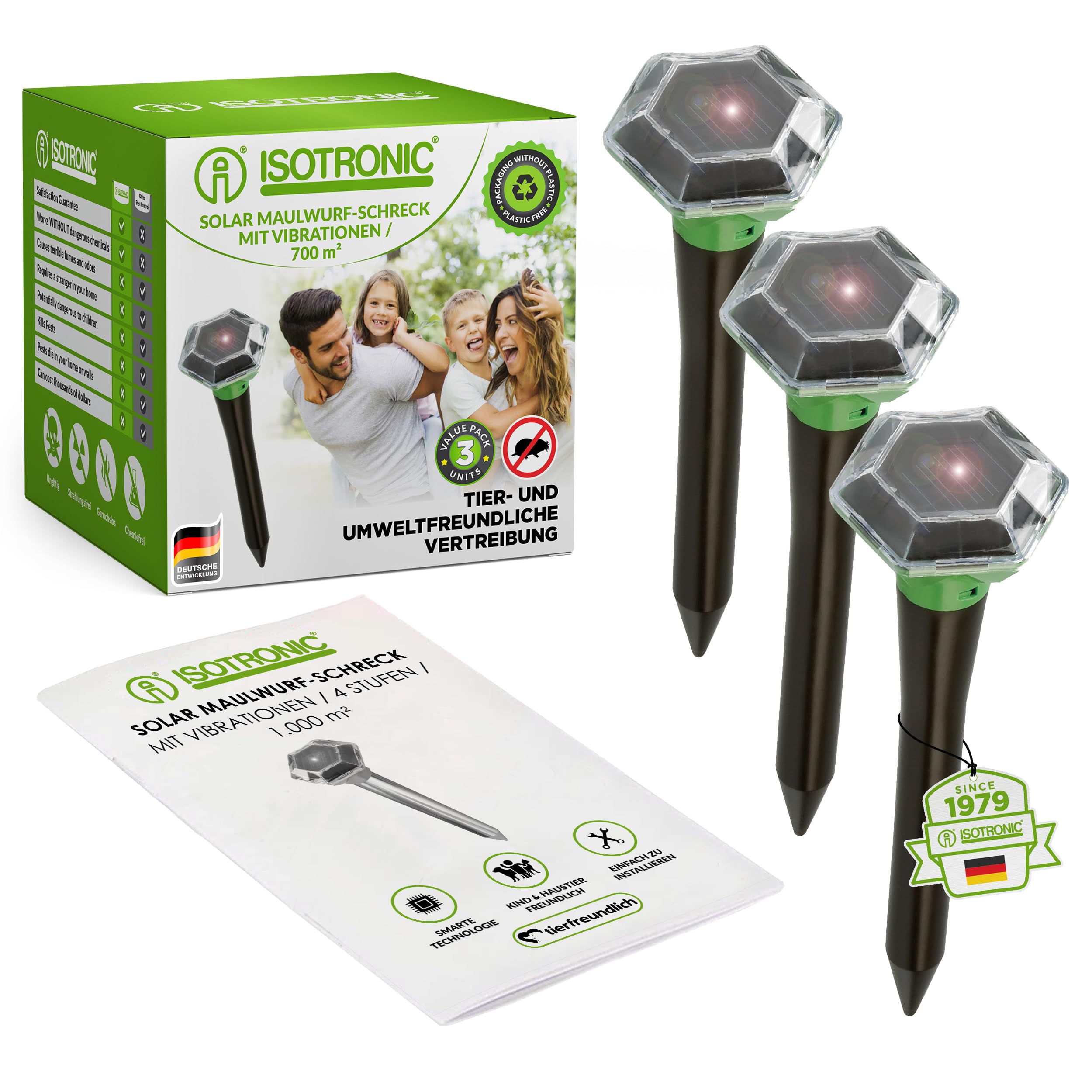ISOTRONIC Maulwurfabwehr zum Vertreiben von Maulwürfen, Wühlmäusen & Schlangen – Solar Maulwurfschreck mit Erdspieß für den Garten – Maulwurfvertreiber 1.000m² Wirkungsbereich (3 Stück)
