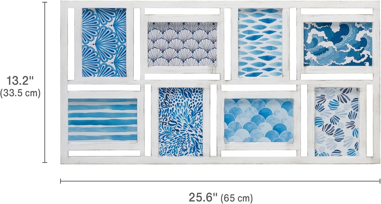 MELANNCO 8 Opening Collage Frame- Displays Four 4x6 and Four 6x4 Inch Photos, Horizontal or Vertical Display, 25x15 Inch, Distressed White