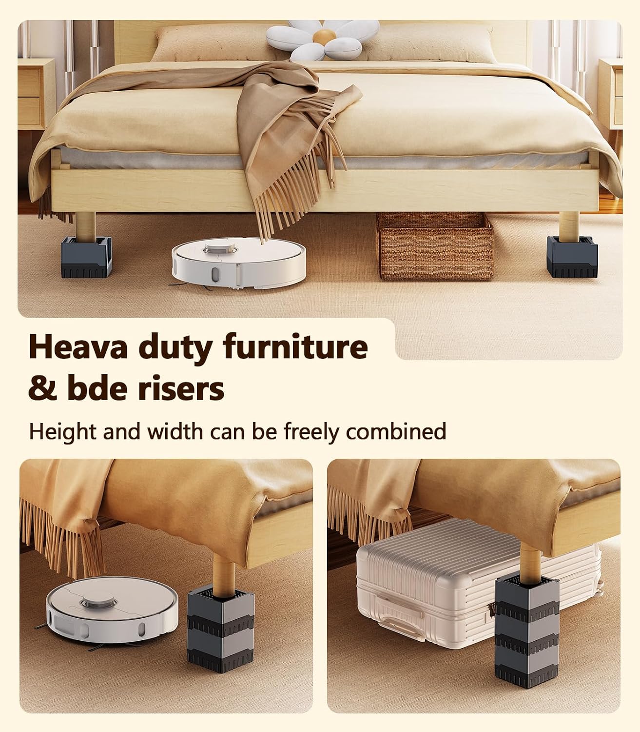 Heavy Duty Bed Frame Risers - Adjustable Furniture Risers, Free Combination of Height & Width, 4-Pack Round Risers for Beds, Couches, Tables, Cabinets - Non-Slip Shockproof 1000LBS Capacity