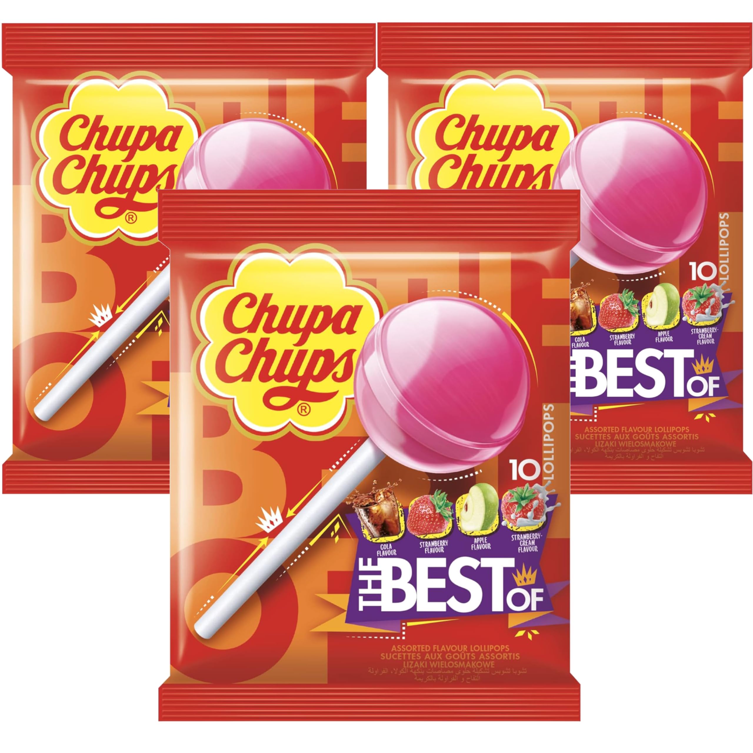 Chupa Chups The Best Of Lollipops 3x10 Pack - Assorted Flavours Strawberry Apple Cola Cream - Iconic Lollies Bulk Sweets for Kids Adults Party Sharing - Plus Cheeroo Magnet