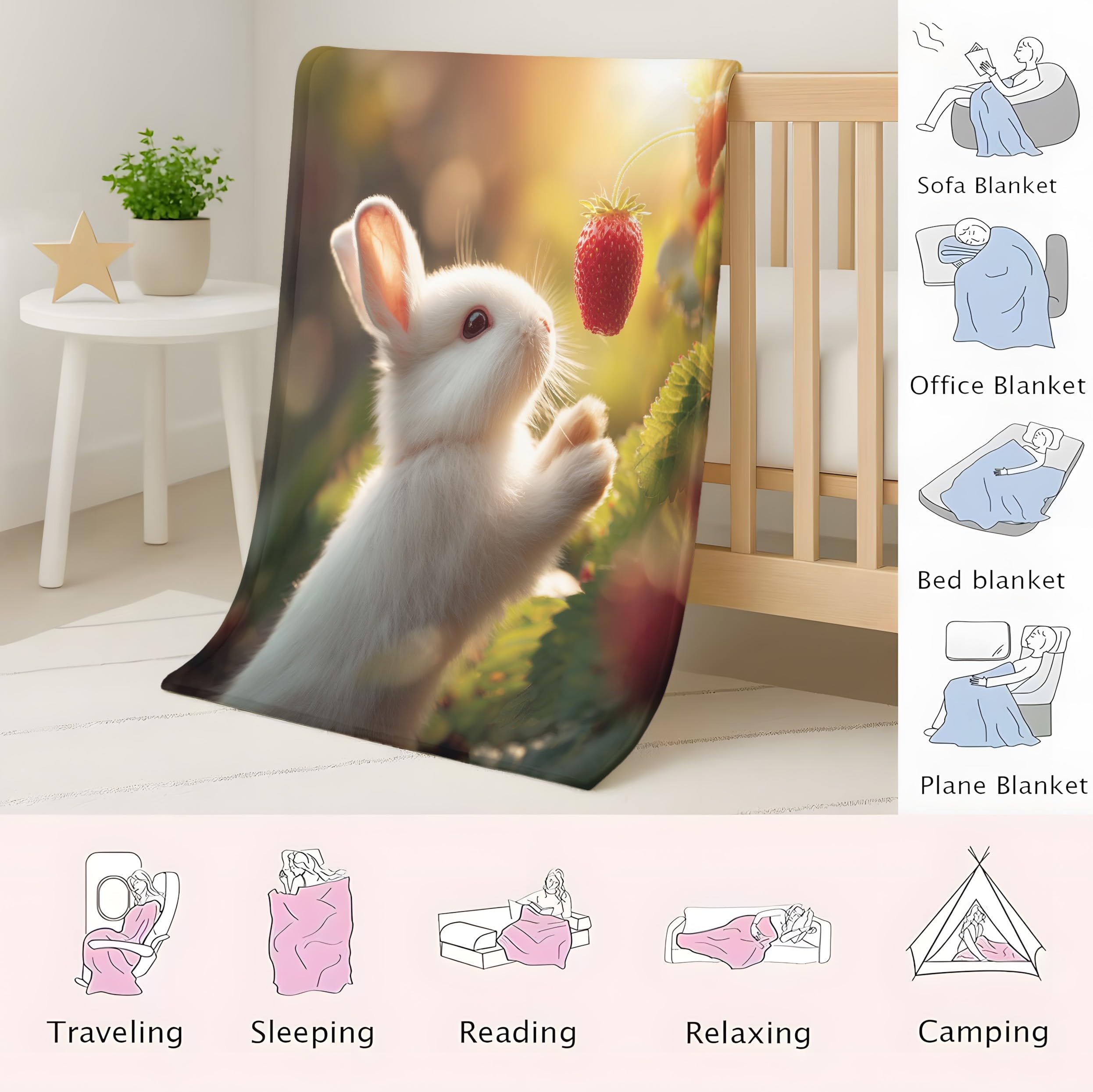 Générique 2-osobowa narzuta na sofę marzycielski świeży flanelowy koc truskawkowy królik pluszowa mikrofibra kosz odpowiedni dla dzieci 180 x 200 cm, biały
