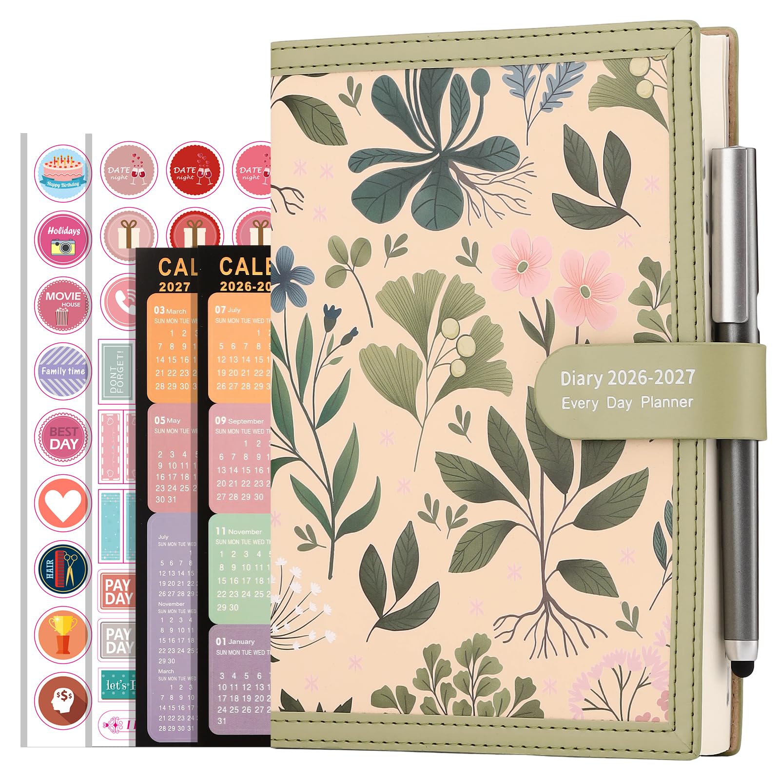 Mljtoyo Academic Diary 2026-2027 A5 Page a Day,Soft Cover Organiser Daily Planner from Jul 2026 to Jun 2027,A5 Day to Day Planner with Pen,Stickers,Back Pocket,3Bookmarks (Matcha Green, A5)