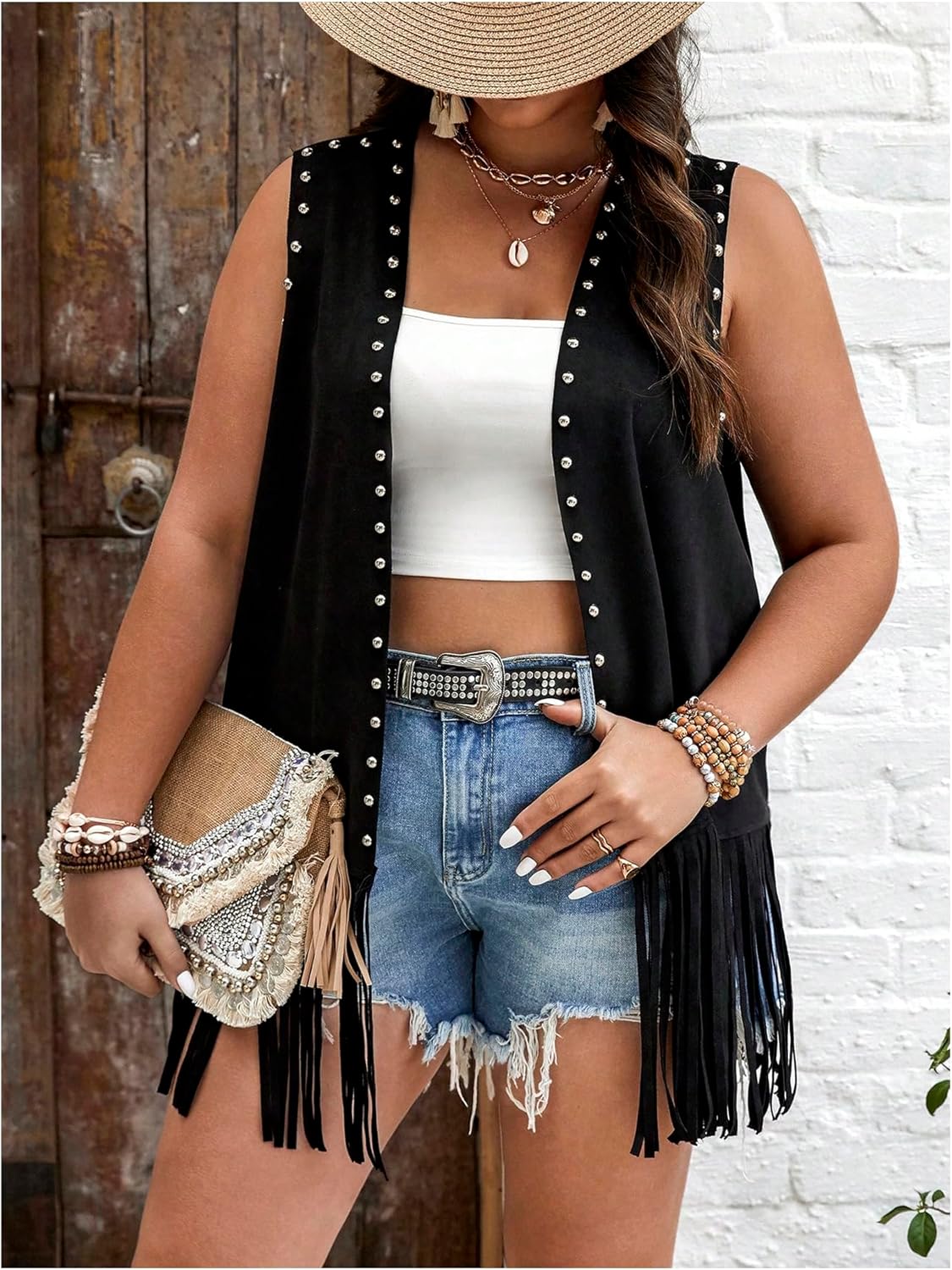 GORGLITTER Women's Plus Size Sleeveless Western Cowgirl Rodeo Outfit Fringe Vest Tops Peasant Bodice Waistcoat - Image 5