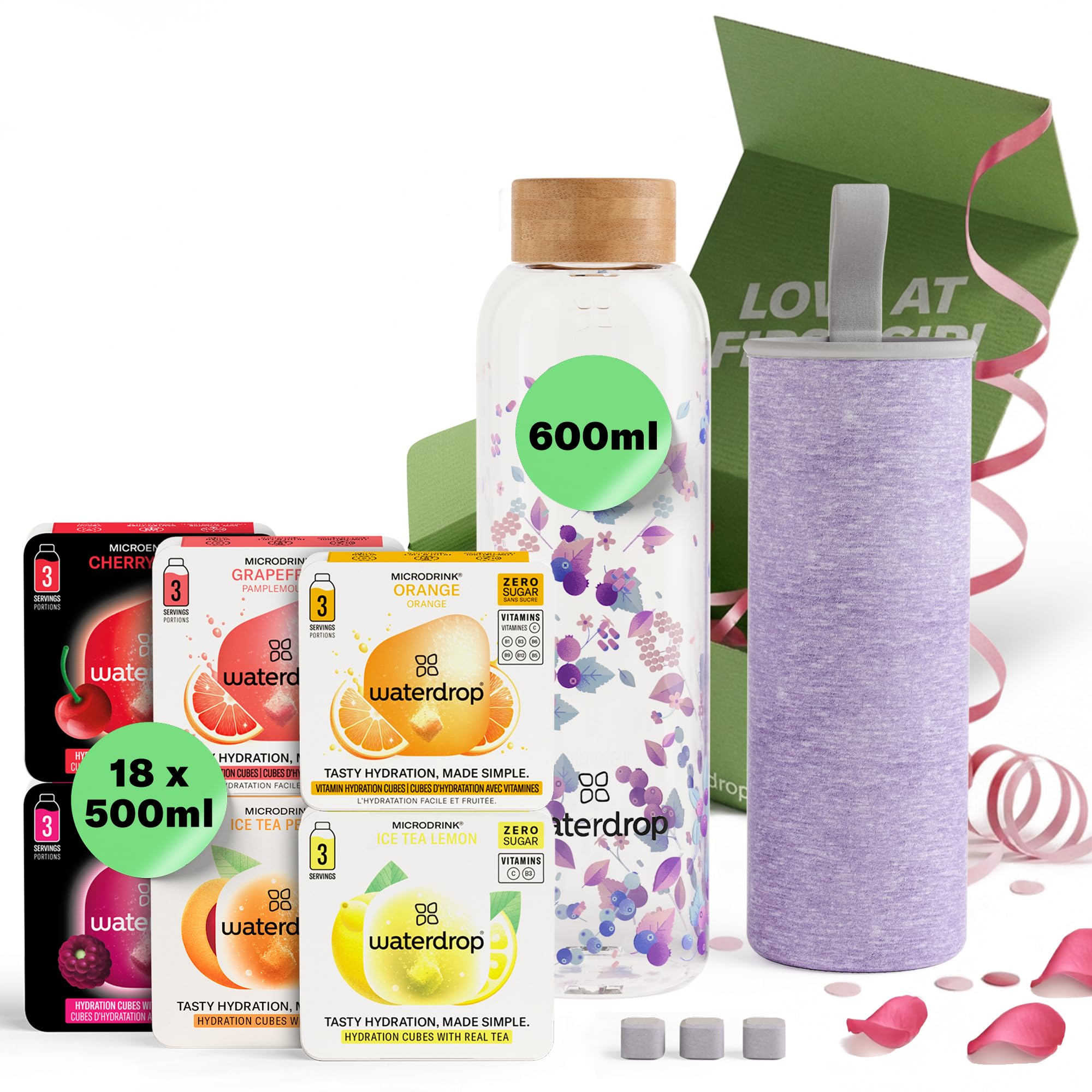 waterdrop® Glass Starter Set – 600ml Borosilicate Glass Bottle + 18 Sugar-Free Microdrink Hydration Cubes in 6 Flavours, Vitamin C & B Infused, BPA Free Water Bottle, Gift Set