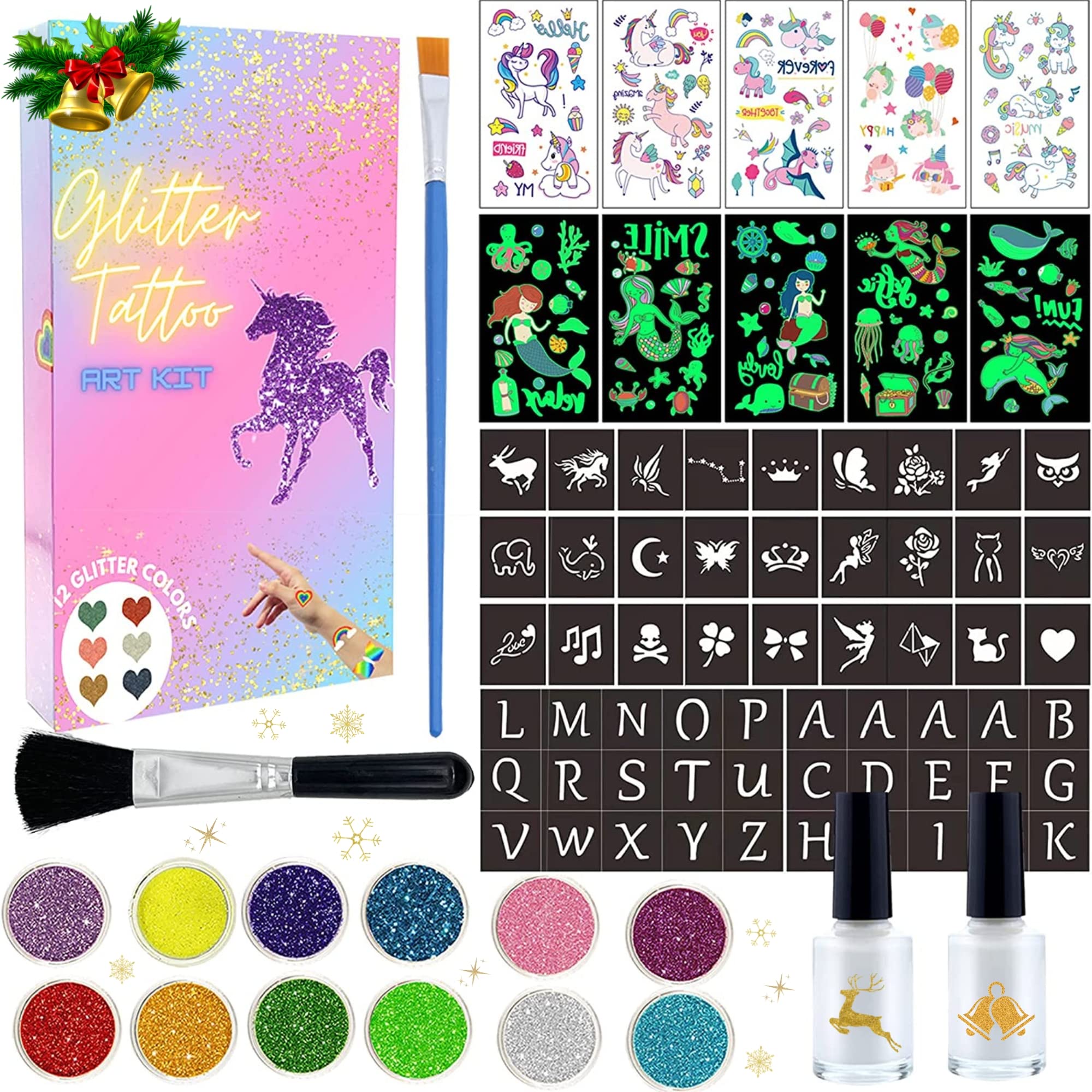 Kit Tatuaggi Glitter Per Bambini - 42 Colori Con Glitter Fluorescenti, Stencil E Strass - Gioco Creativo E Sicuro - Foto 5