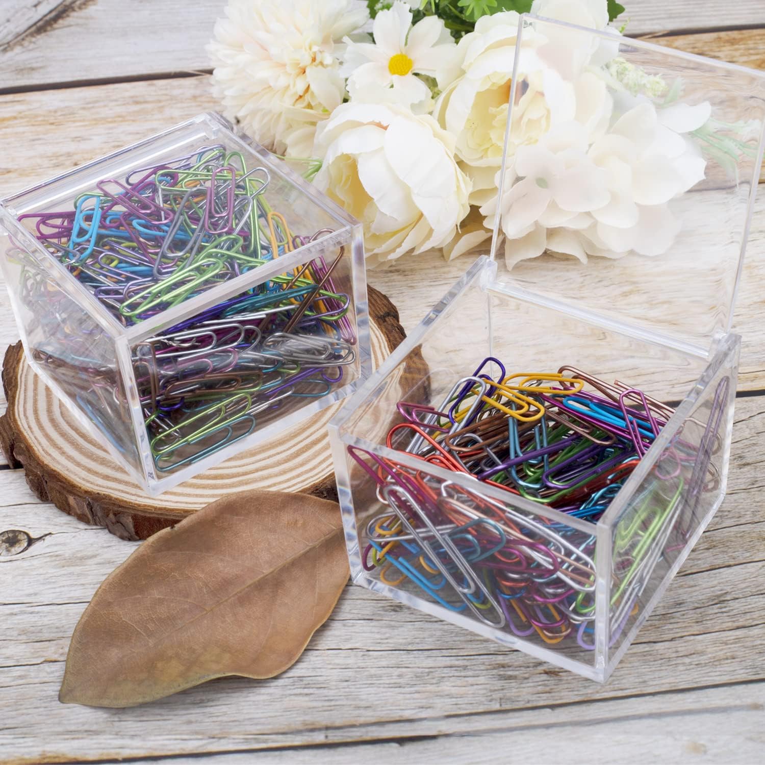 Deoot 2 Pack Paper Clip Holder Clear Acrylic with Lid Cute Paper Clip Organizer Dispenser for Desk Organizers Aesthetic Hair Accessories Organizer : Office Products