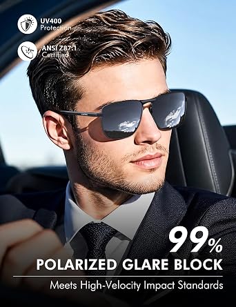 Luenx Mens Aviator Polarized Sunglasses: Rectangular UV400 Driving