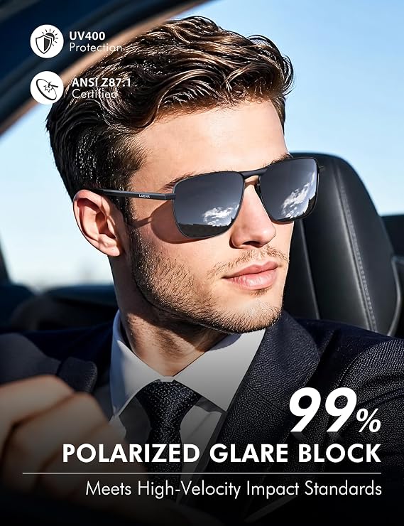 Luenx Mens Aviator Polarized Sunglasses: Rectangular UV400 Driving