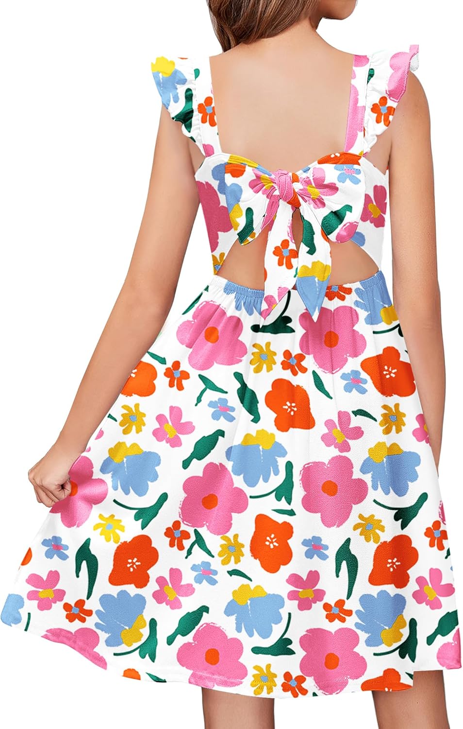 Arshiner Girls Summer Dresses Square Neck Ruffle Sleeve Tie Back A-Line Swing Casual Midi Dress with Pockets