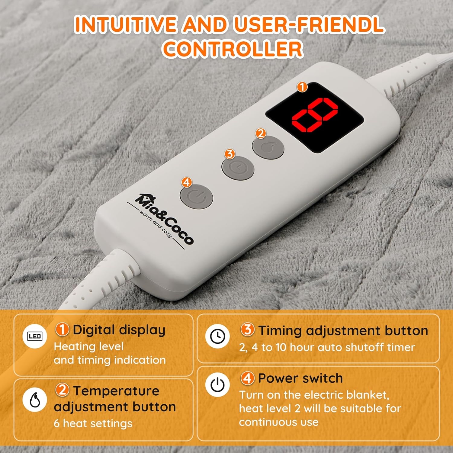 Mia&Coco Heated Throw Blanket - 50"x60" Flannel Electric Blanket, 6 Heat Levels, 10-Hour Auto-Off, Fast Heating, Overheat Protection, Machine Washable, Soft Heated Blanket for Home and Office (Gray) - Image 3