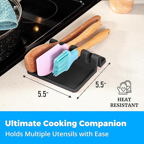 Miniatura 2 de Soporte para cucharas de silicona negra para estufa con almohadilla antigoteo (paquete de dos unidades), resistente al calor, sin BPA, soporte para