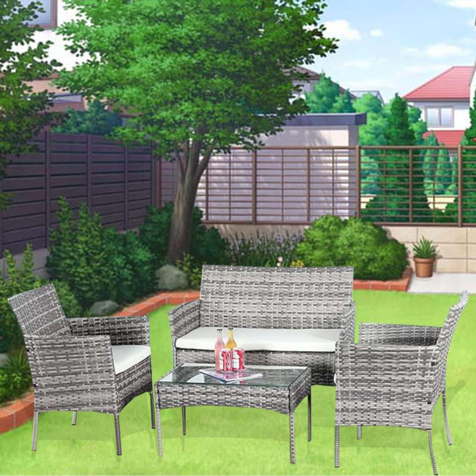 4 Piece Rattan Garden Furniture Set Outdoor Patio Sofa, table and chairs garden table Ideal for Pool Side, Balcony, Outdoor and indoor Conservatory Patio Set (Mix Grey Rattan Only)