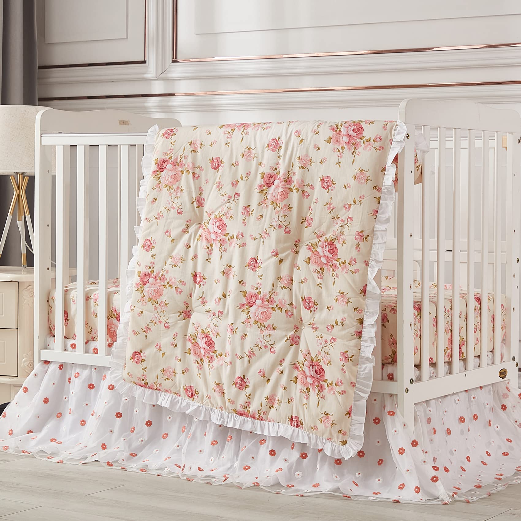 Brandream Juego de sábanas de cuna floral Shabby para niñas, juego de sábanas de algodón – 6 piezas, beige