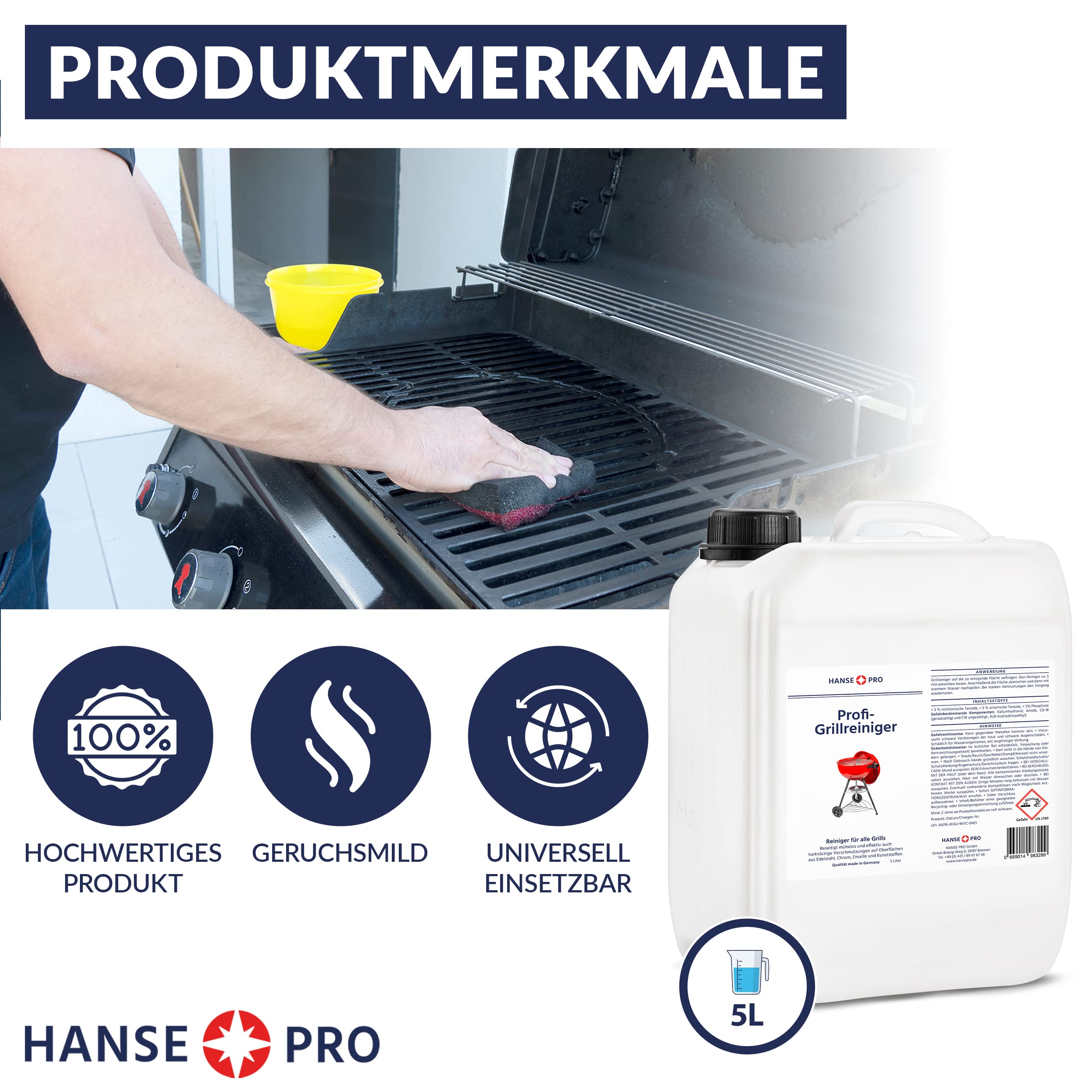 HANSE PRO Profi-Grillreiniger, im 5 Liter-Kanister I löst hartnäckige Verkrustungen und Rückstände I für Grillrost, Herdplatten, Öfen, Dunstabzugshauben I optimal für Edelstahl I Grillrost-Reiniger