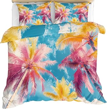 Palm Trees Duvet Cover King Size, Tropical Bedding, Hawaii Comforter Cover Set Microfiber 3pcs Washed Comfy Breathable with 2 Pillow Shams & Zipper Closure, 104"x90"
