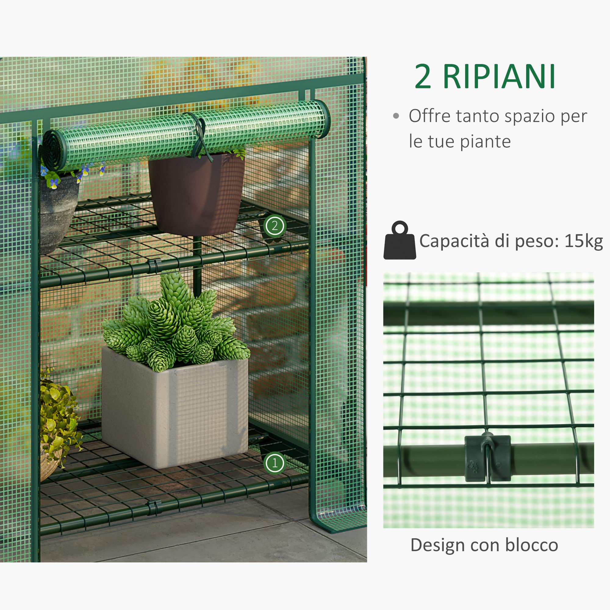Outsunny Mini Serra da Giardino con 2 Ripiani in Metallo e Copertura in PE, Serra da Balcone e Terrazza Compatta 69x49x91cm, Verde