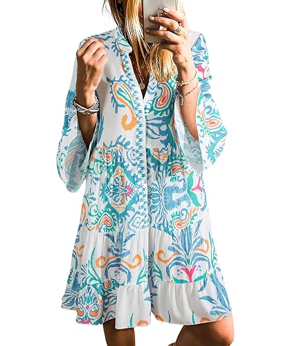 SELINK Womens Long Sleeve Dresses Casual V Neck Tribal Print