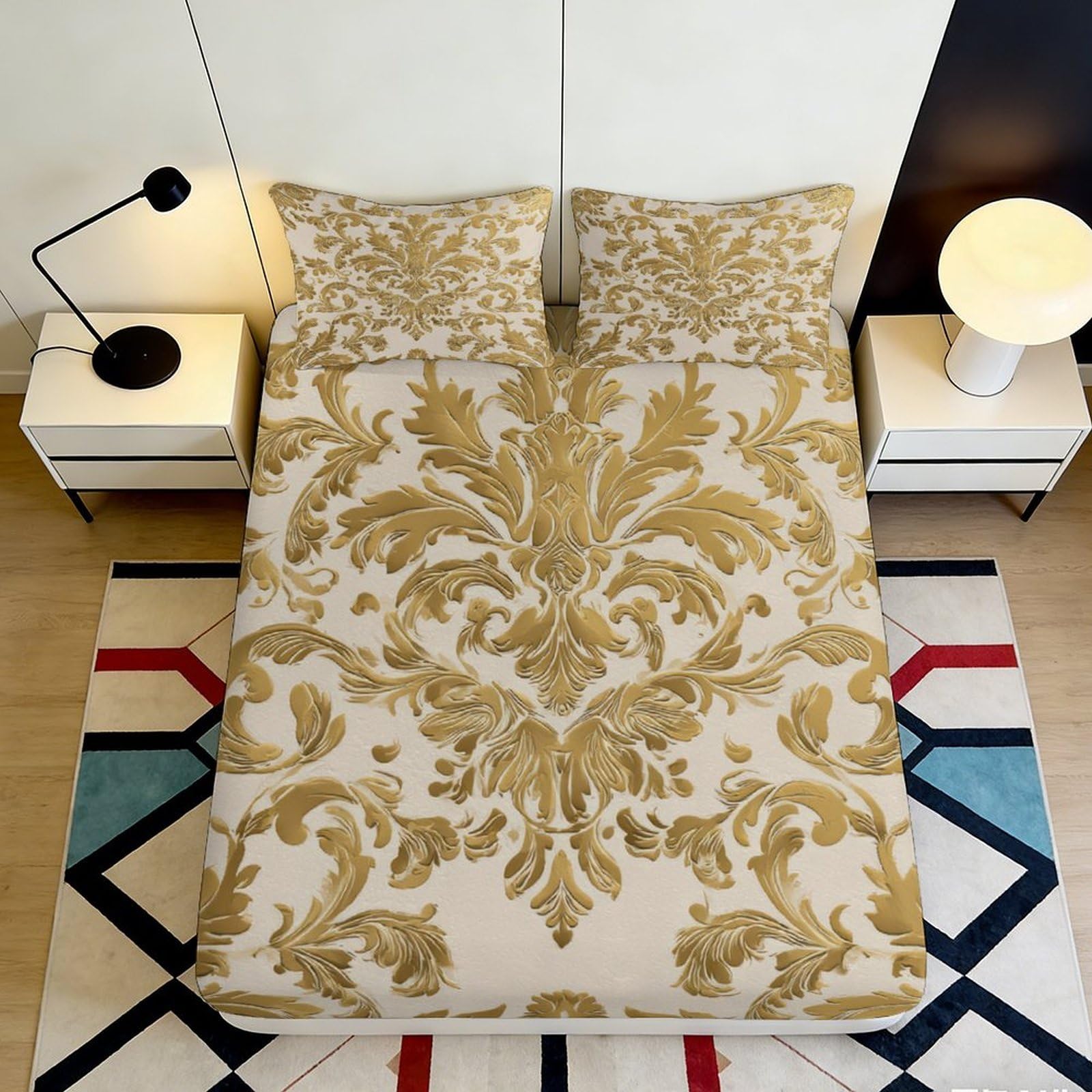 3D Printed Baroque Gold Fitted Sheet Microfiber Soft Decorative Damask Mattress Cover for Bedroom Guest Room Home 90x200x25cm