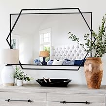 Black Decorative Mirror for Wall Decor, 32"x47" Modern Large Living Room Mirror with Hexagon and Rectangular Metal Frame for Bathroom, Entrance, Bedroom, Dining Room