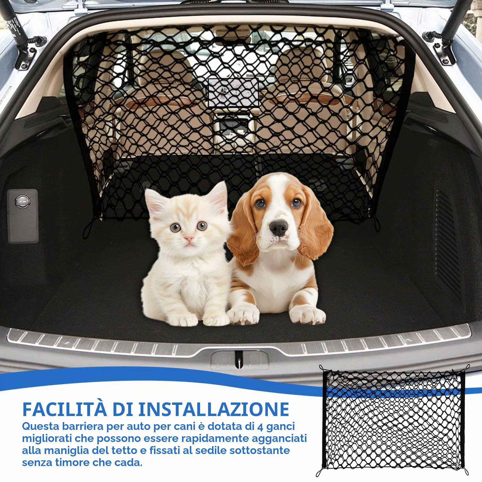 GOMETY Griglia di protezione per auto, rete di separazione per cani, 120 x 90 cm, doppio strato di polipropilene con 4 ganci, rete universale per cani di sicurezza per animali domestici, divisorio