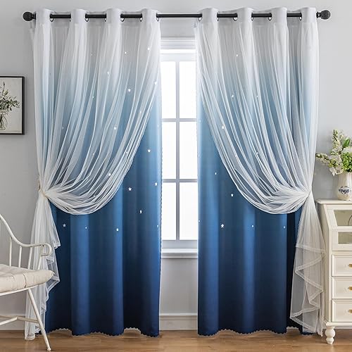 Cortinas opacas de rayas coloridas con recortes de estrellas para dormitorio, 2 capas de diseño mixto de tela y tul, bonita cortina de ventana para