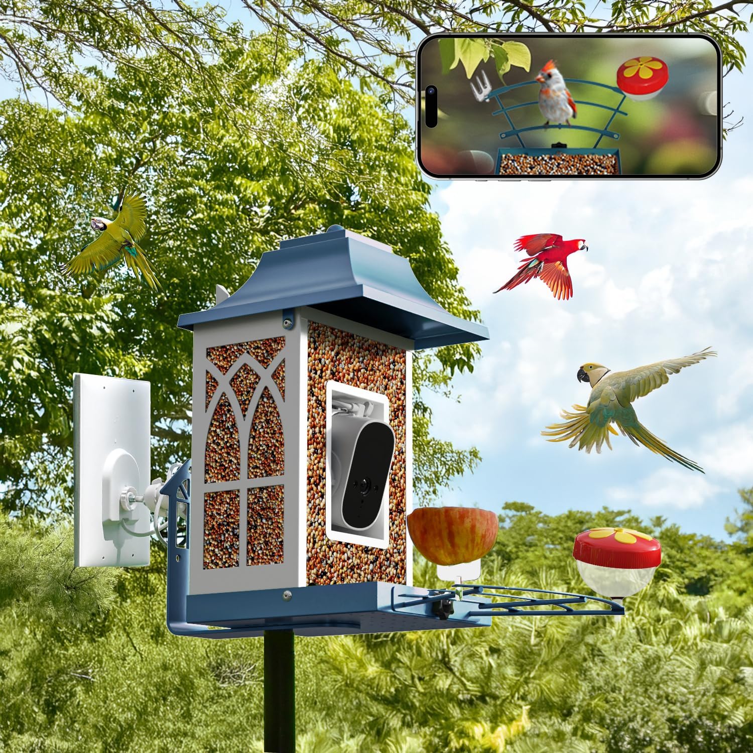 Smart Bird Feeder with Camera & Solar Panel，4.6LB Large Capacity Metal Smart Bird Feeders, Video Watching AI 1080P Wireless Camera with Auto Capture Videos & Motion Detection Camera Light Blue