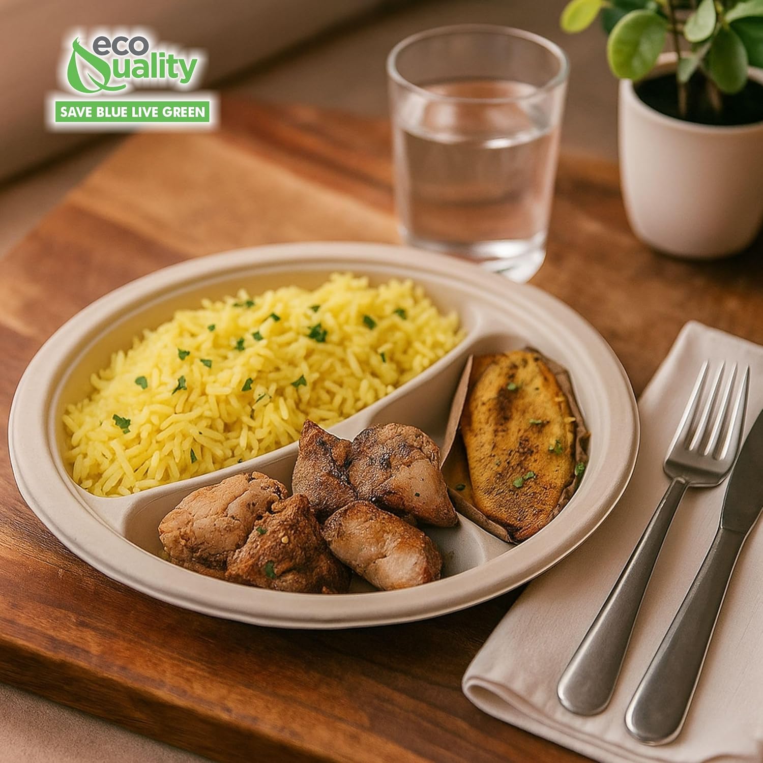 EcoQuality [50 PACK] 10 inch 3 - Compartment Round Disposable Plates - 100% Biodegradable, Compostable, Sugarcane, Wheat Straw Fiber, Bagasse - Enviormental Paper Plate, Tree Free, Sturdy