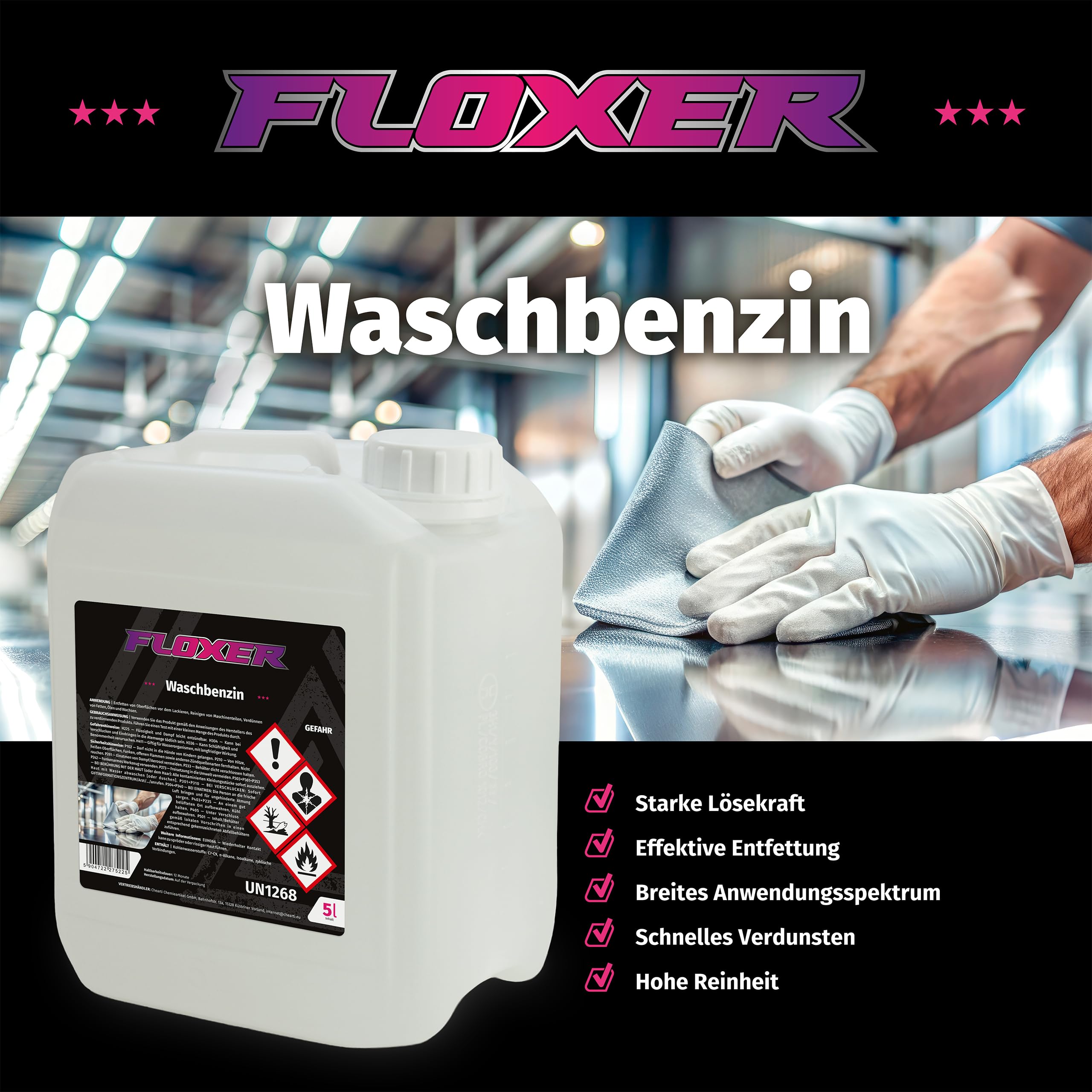 FLOXER Waschbenzin 5L – Reinigungsbenzin & Entfetter. Schnell flüchtiges Testbenzin gegen Fett, Öl, Kleber, Teer. Universelles Lösungsmittel für Werkstatt, Auto & Haushalt für saubere Ergebnisse.