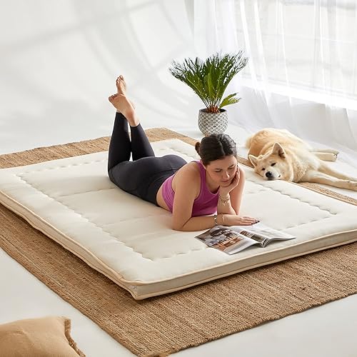 WOW FUTON Japanese Floor Mattress Merino Wool 3.5" for Back Pain Shikibuton Cotton Linen Cover Extra Thick Tatami Mat Sleeping Pad Roll Up