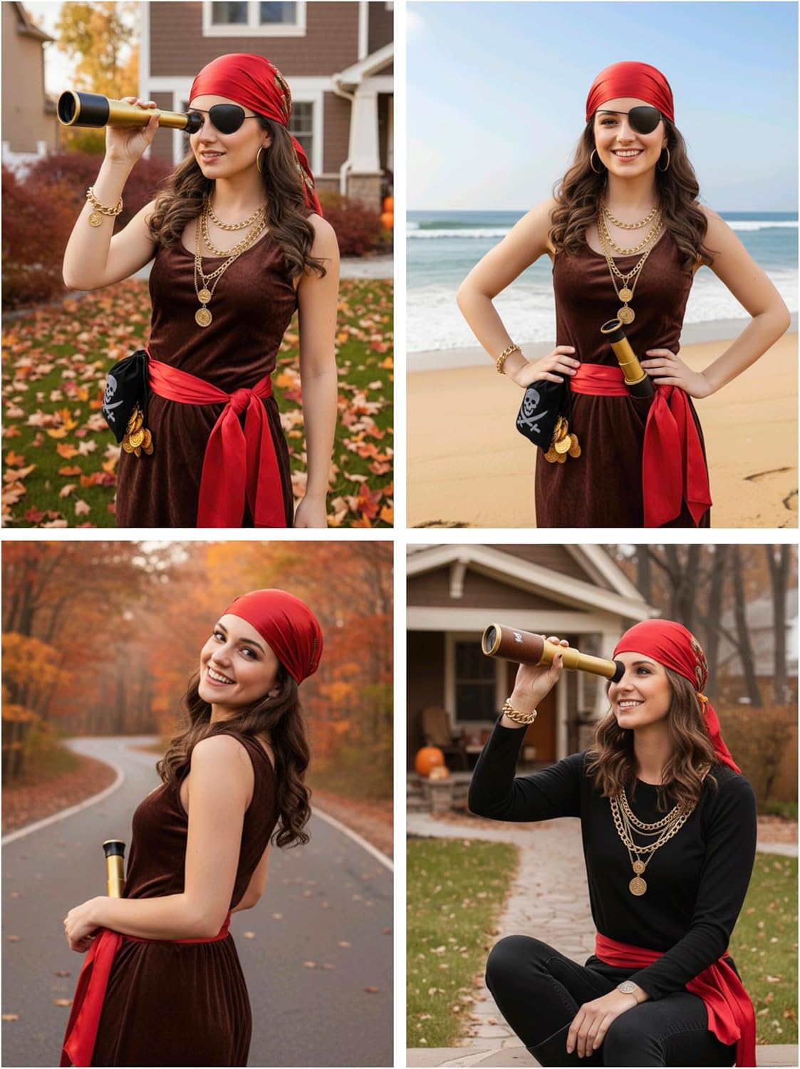 9PCS Pirate Costume Accessories Women with Head Scarf Wrap Pirate Eye Patch Sash Belt Necklace,Bracelet,Binocular,Coins - Image 2