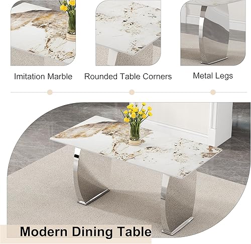 Miniatura 4 de Juego de mesa de comedor moderno para 6, 7 piezas de mármol sintético para cocina, mesa de comedor con mesas de comedor rectangulares y 6 sillas