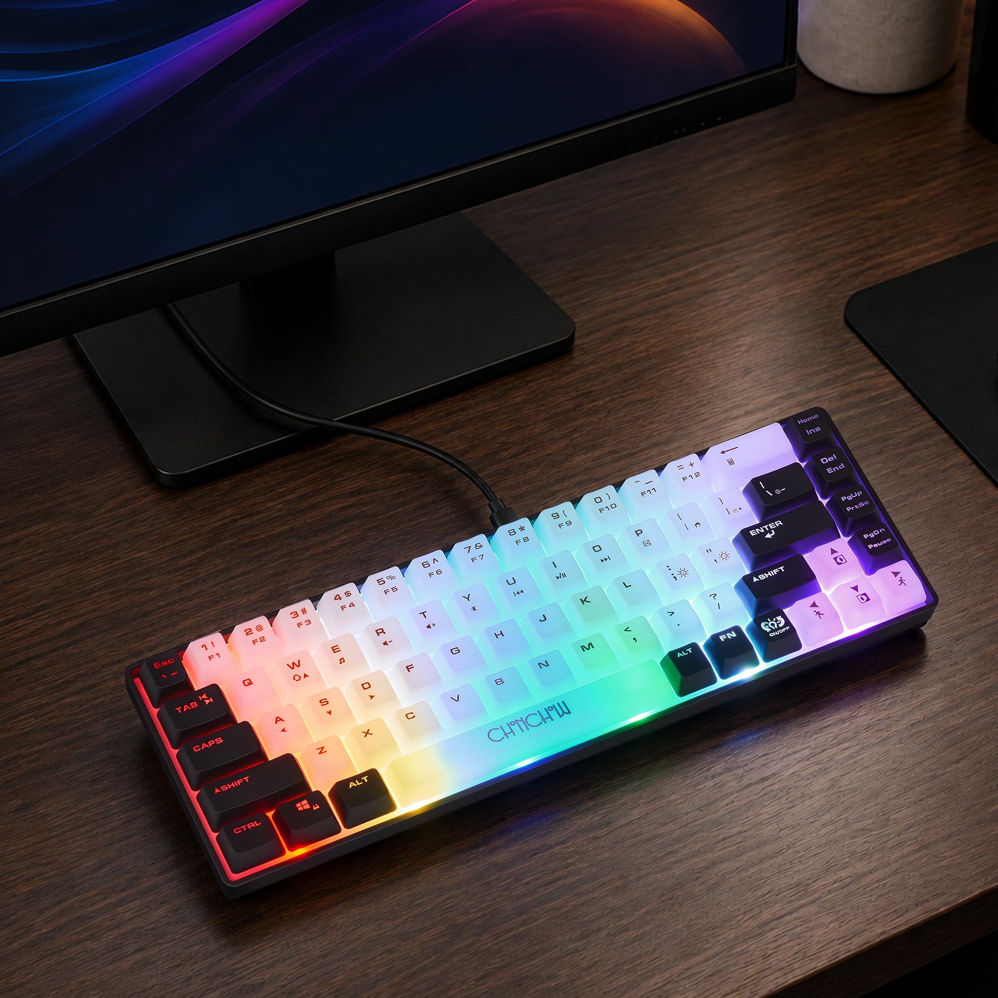 CHONCHOW Teclado mini RGB 60% para juegos, 68 teclas, pequeño, compacto, USB, con cable, arco iris, iluminado, retroiluminado, para Xbox, PS4, PS5, PC, portátil, gamer (blanco-negro)