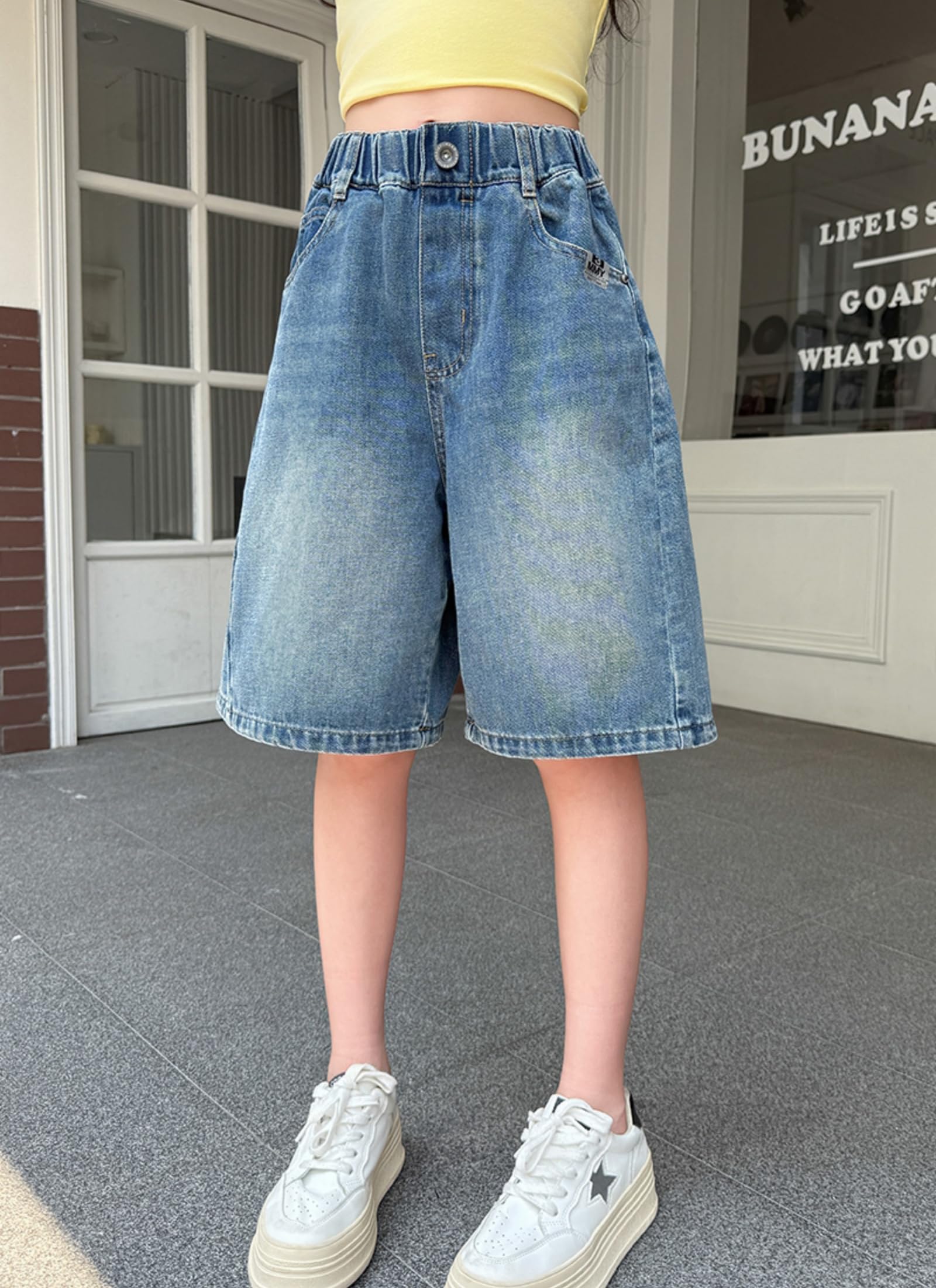 Rolanko Pantalones Cortos Vaqueros para Niñas, Cintura Elástica Bermudas Pierna Ancha Pantalones Cortos de Verano hasta La Rodilla