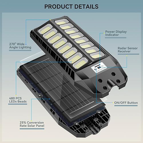 Miniatura 3 de Luces solares de 8000 W para exteriores, farolas solares impermeables para exteriores con sensor de movimiento y control remoto, luz de inundación