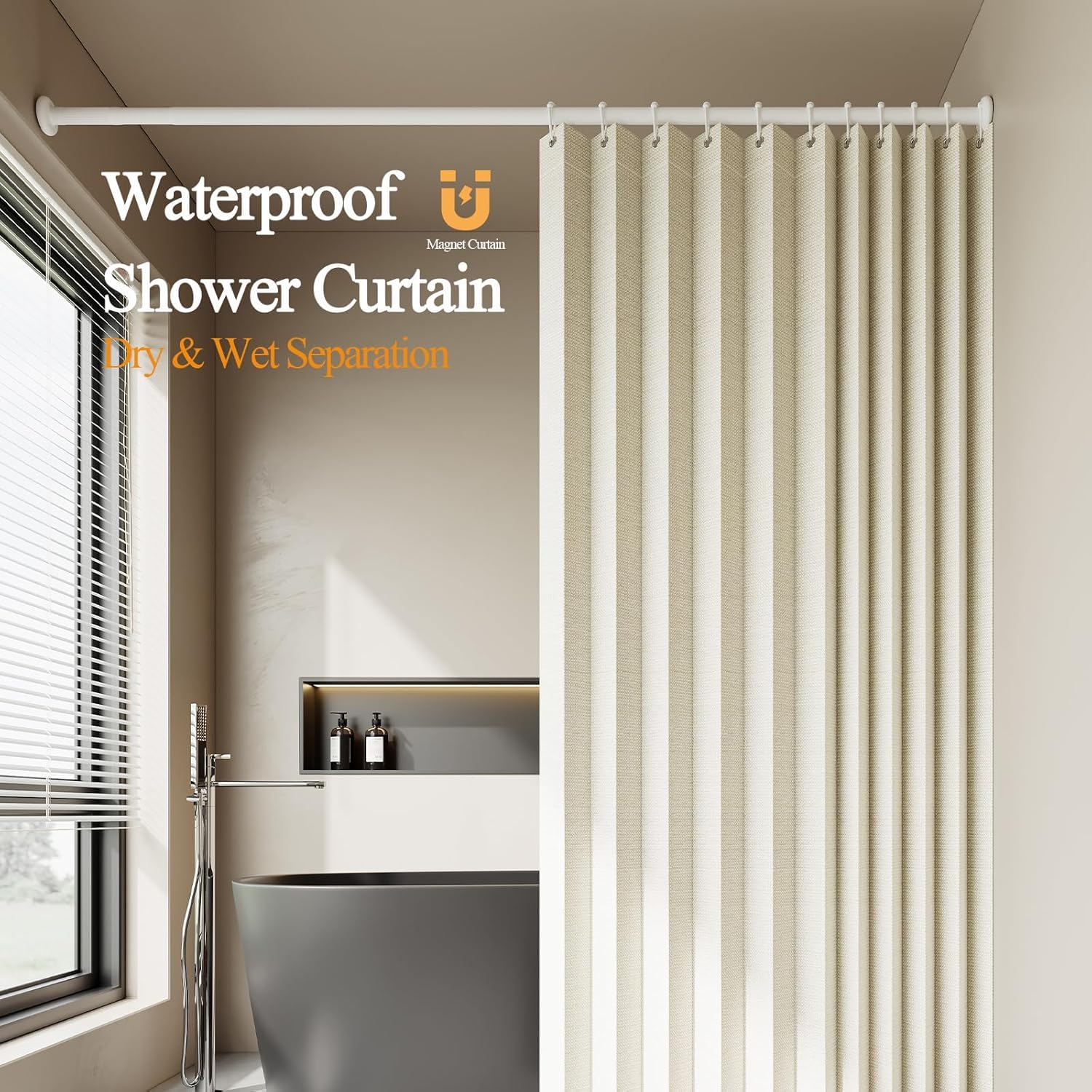 Tenda da doccia, impermeabile, pieghevole, in tessuto spesso e resistente, per bagno, 183 x 183 cm (larghezza x altezza), beige