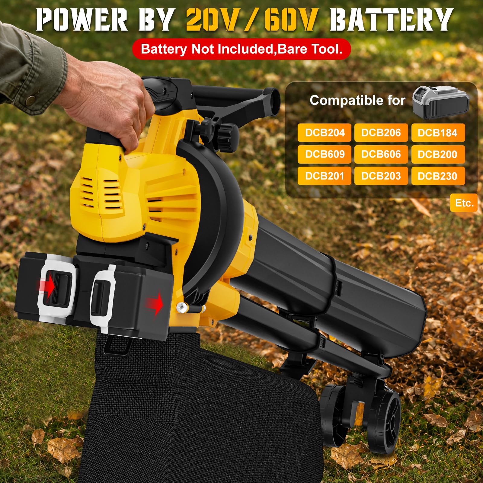 Soplador de hojas inalámbrico al vacío compatible con batería Dewalt de 20