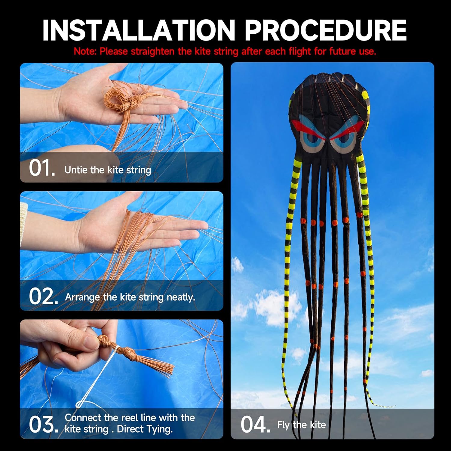 3D 26ft Ultra Large & Funs Octopus Foil Kite with 1000D Kite String, Beach Park Outdoor Fun Beach Trip Great Gift to Kids Build