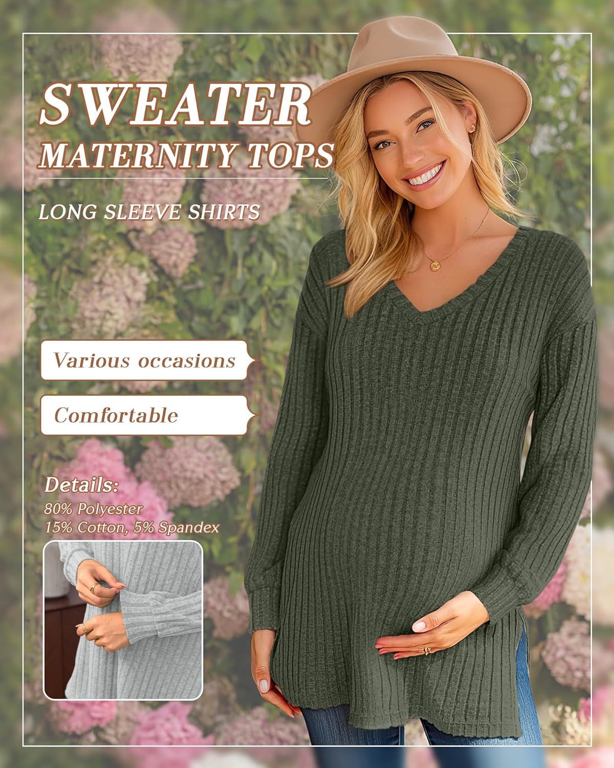 3 Pack Women's Ribbed Maternity Shirts, Long Sleeve V Neck Pregnancy Sweaters with Side Split Pregnant Clothes - Image 3