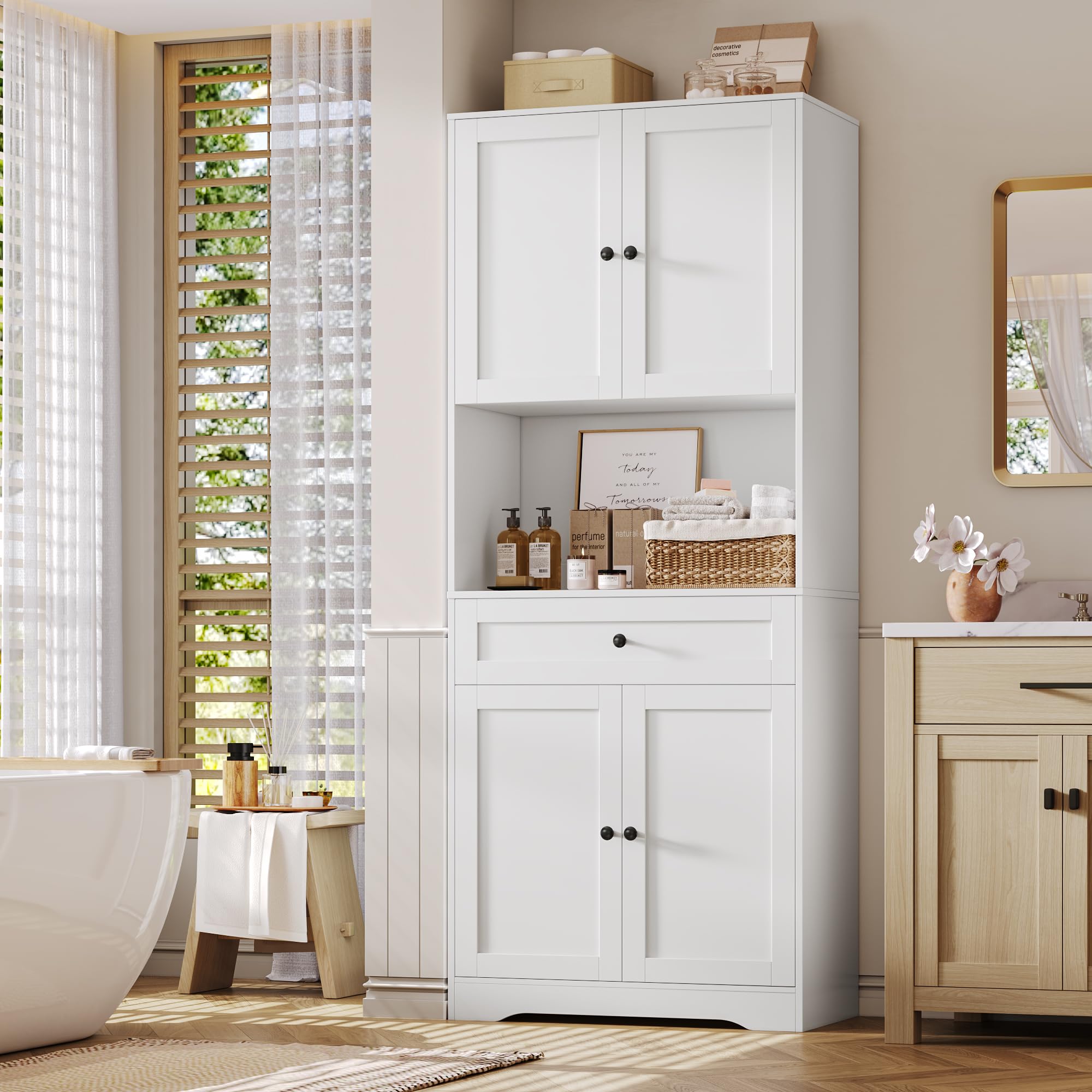 FOREHILL Alacena de Cocina 180cm Aparador Comedor Mueble Auxiliar de Cocina Armario Almacenaje Armario Despensa Cocina, 4 Puertas, 1 Cajón, Estantes Ajustables, para Comedor, Baño (Blanco) 40x75x180cm